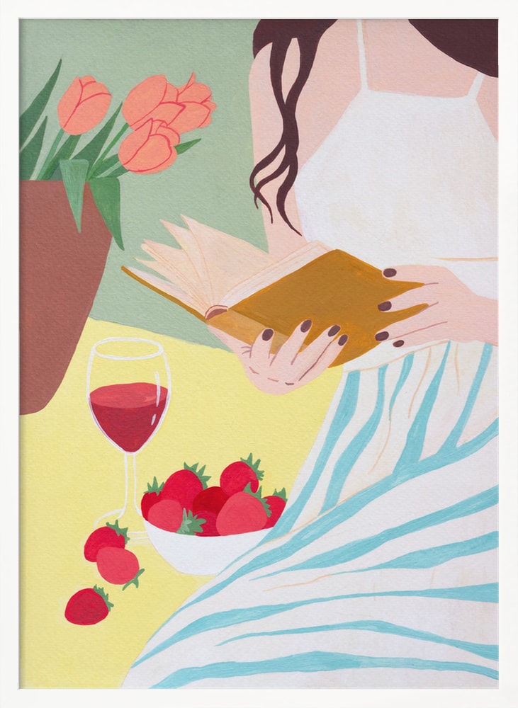 Illustration einer lesenden Frau mit Rotwein, Erdbeeren und Tulpen in Pastellfarben