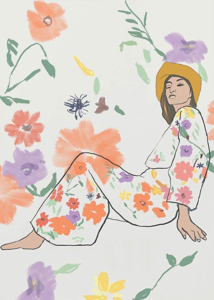 Illustration einer sitzenden Frau mit gelbem Hut im Blumenkleid zwischen bunten Blüten