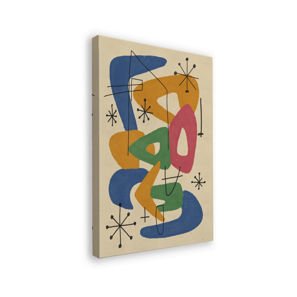 Abstrakte Bumerangformen in Blau, Orange, Grün und Pink mit Sternen im Midcentury-Stil