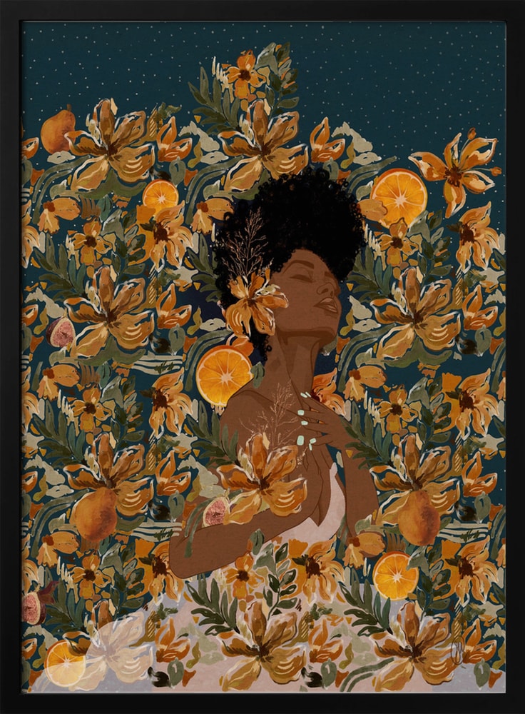 Illustration einer Frau mit geschlossenen Augen zwischen orangen Blüten und Orangen unter einem Sternenhimmel