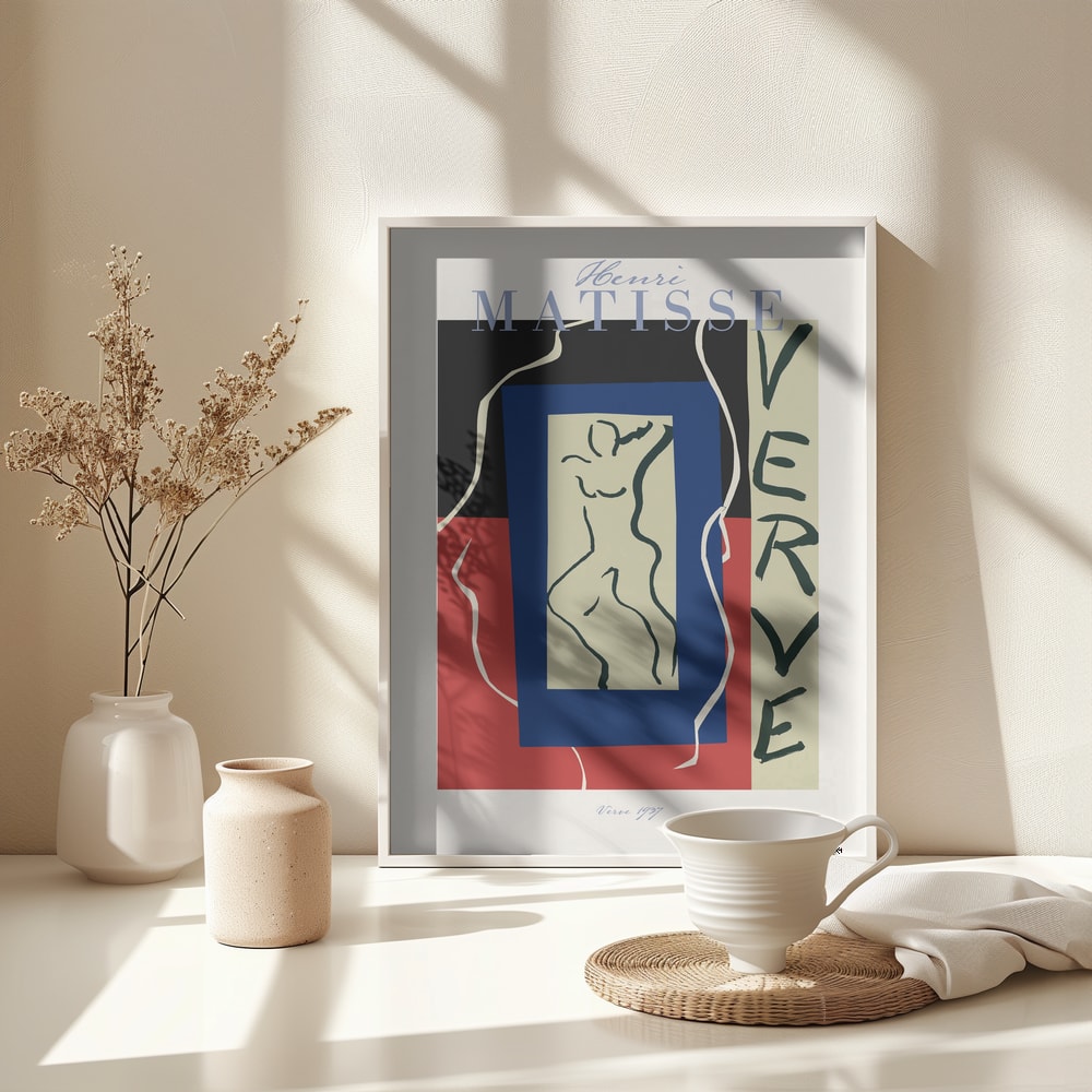 Ausstellungsplakat Henri Matisse mit tanzender Figur in blauem Rahmen und Schriftzug Verve