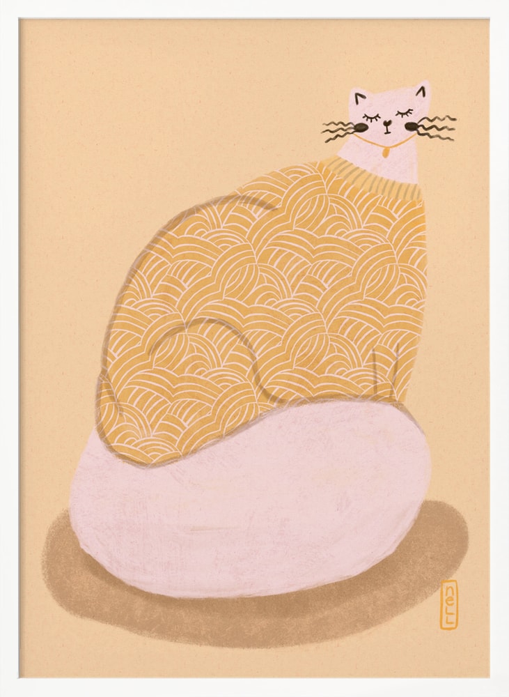 Illustration einer runden Katze im gelb gemusterten Pullover auf rosa Kissen