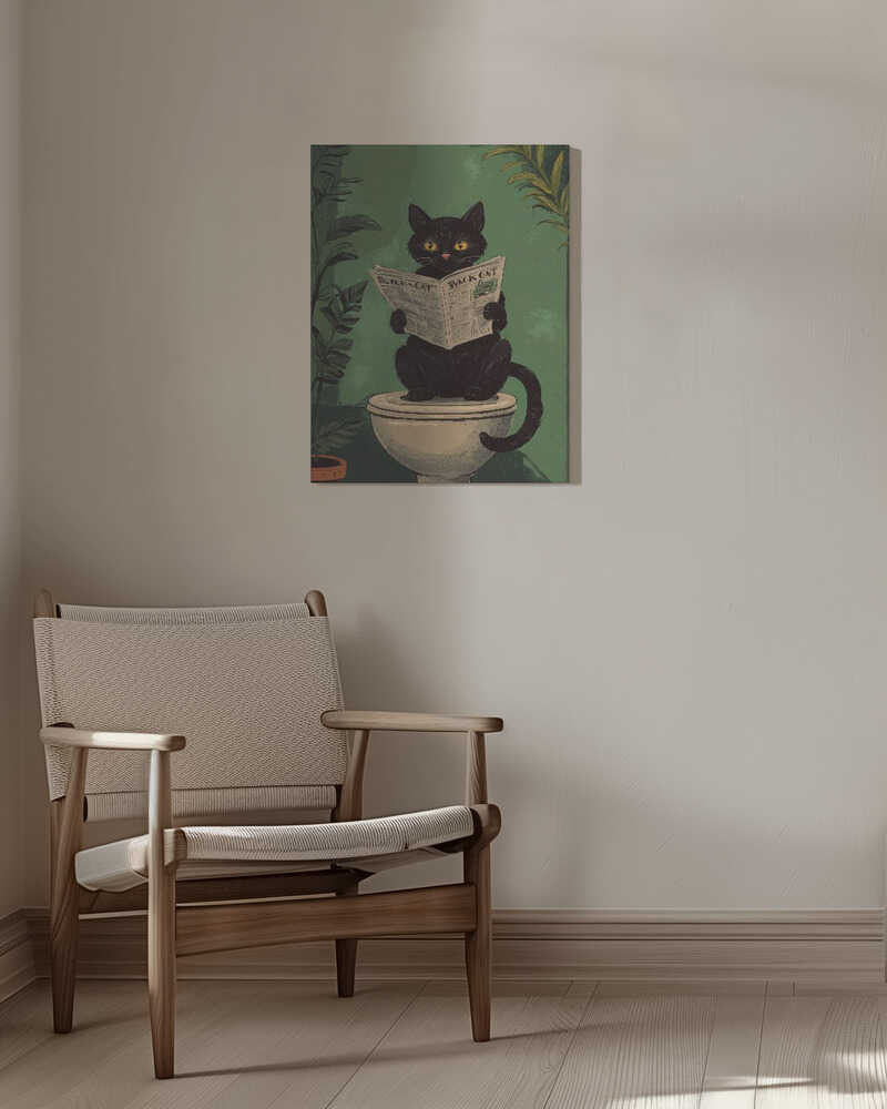 Cat Reading A Newspaper On A Toilet