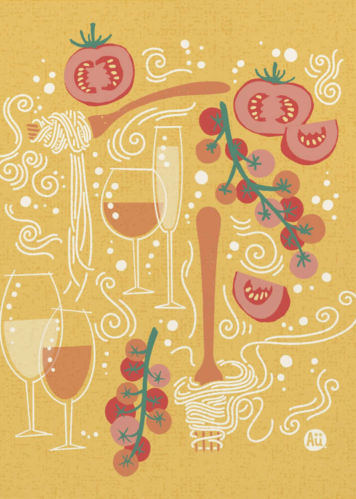 Pasta Paradise | Tomato and Wine | Playful Italian Pasta Illustration | by Aia Ueno