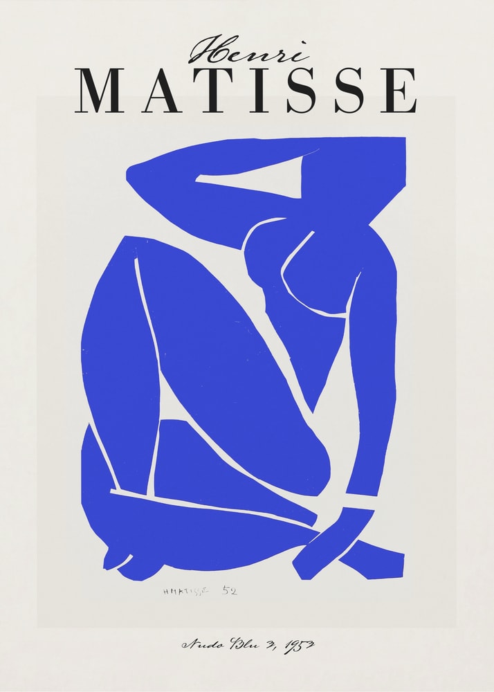 Ausstellungsplakat Henri Matisse mit blauem Scherenschnitt einer sitzenden Figur