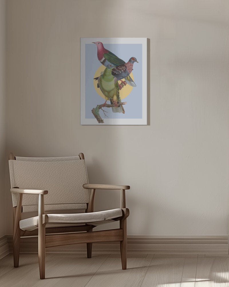 Illustration dreier bunter Tauben auf einem Ast vor gelbem Kreis und hellblauem Hintergrund