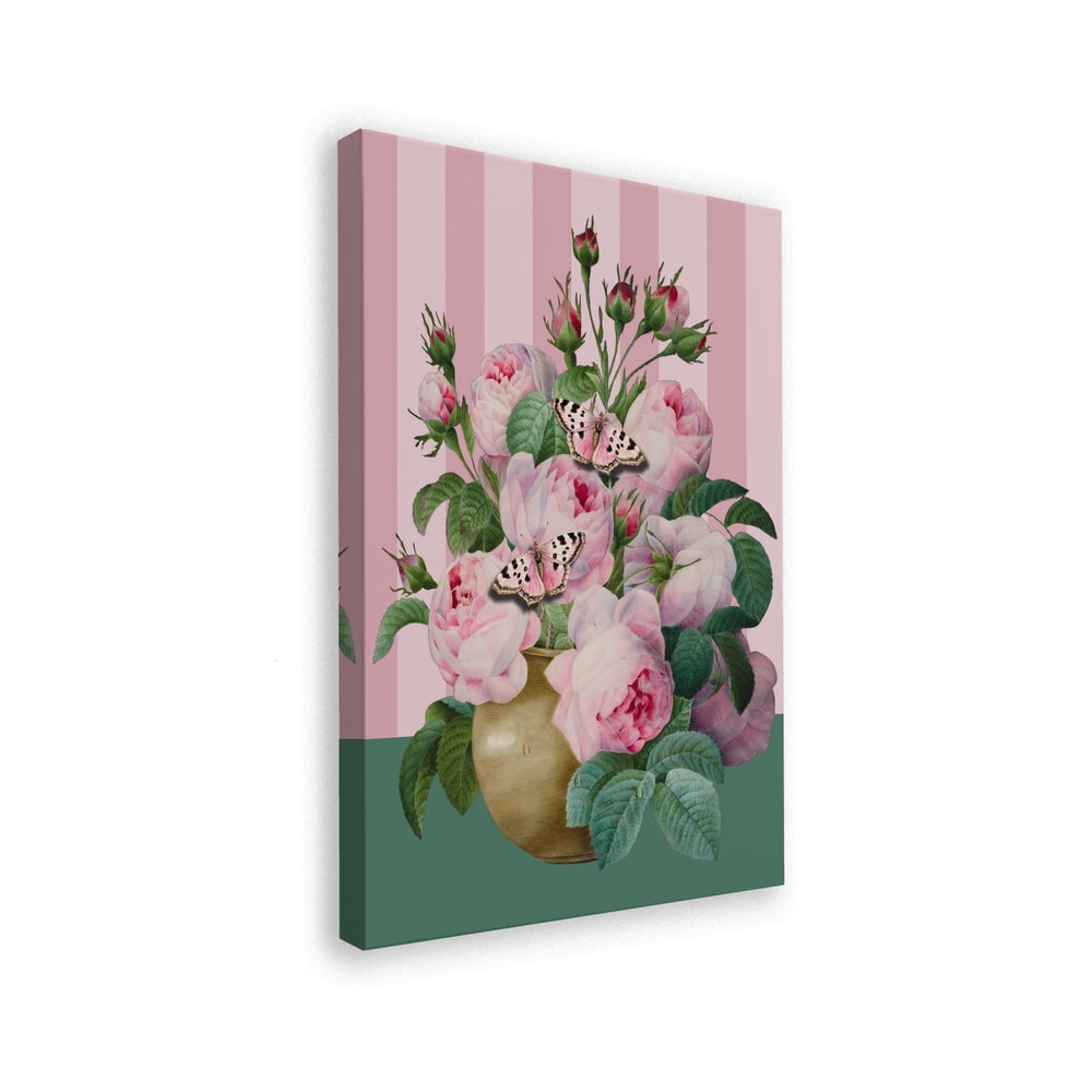 Illustration rosa Rosen in goldener Vase mit Schmetterlingen vor rosa gestreiftem Hintergrund