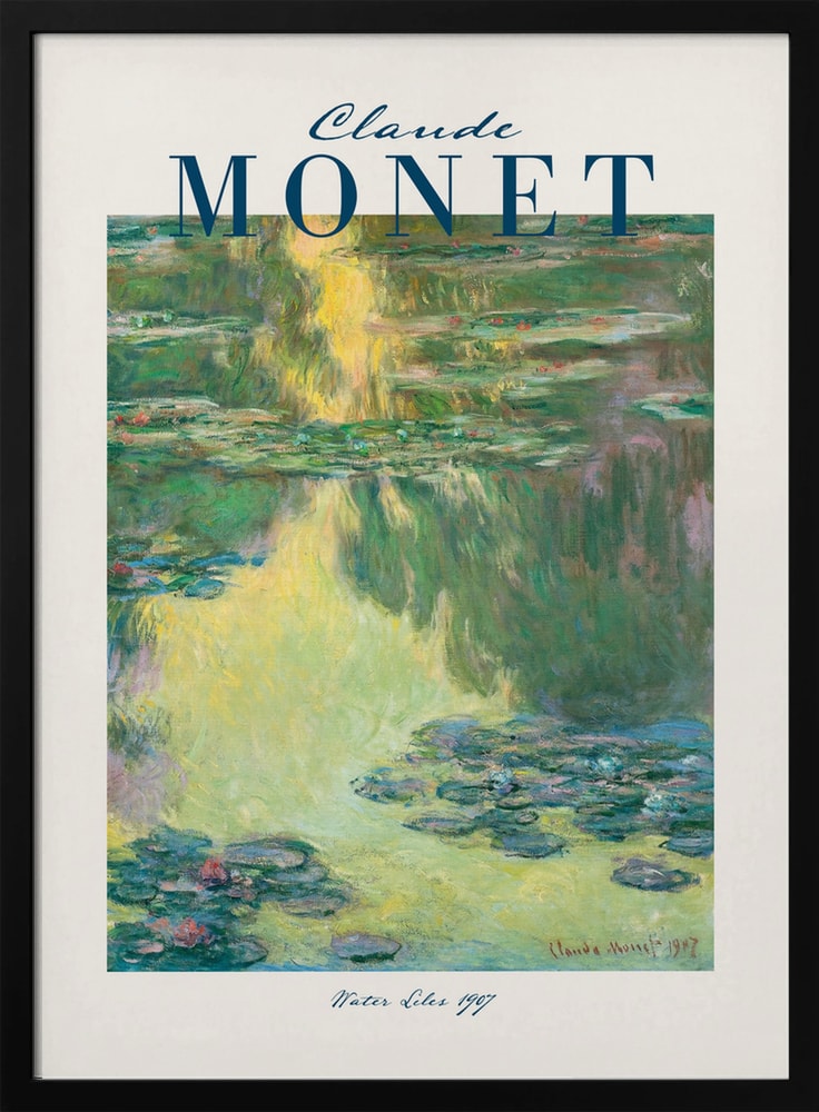 Ausstellungsplakat Claude Monet mit Seerosen auf grünem Wasser, dunkelblauer Schriftzug