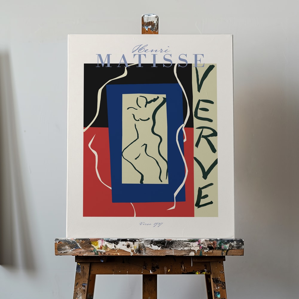 Ausstellungsplakat Henri Matisse mit tanzender Figur in blauem Rahmen und Schriftzug Verve