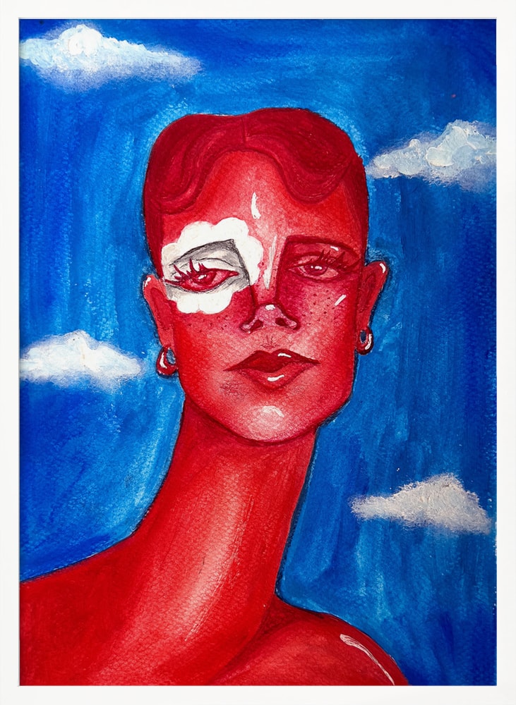 Surreales Porträt einer Frau in Rot vor blauem Himmel mit Wolken