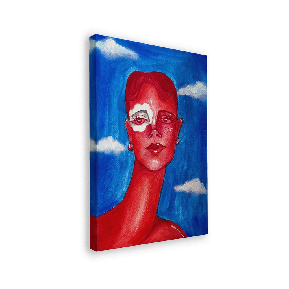 Surreales Porträt einer Frau in Rot vor blauem Himmel mit Wolken