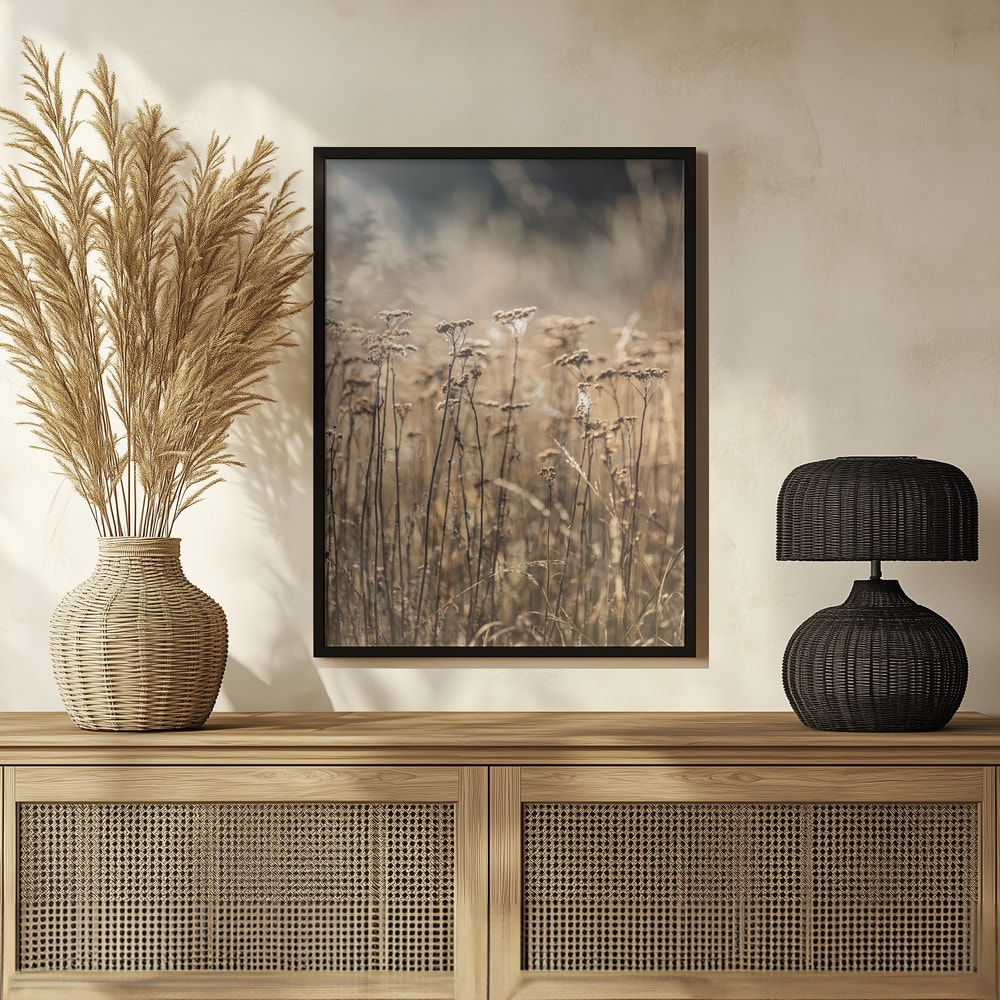 Fotografie eines Feldes mit trockenen Gräsern und Blüten in Beige- und Goldtönen