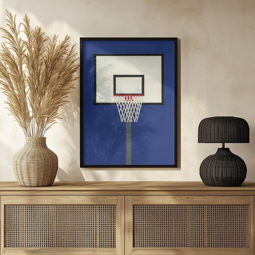 Grafische Illustration eines Basketballkorbs vor dunkelblauem Hintergrund
