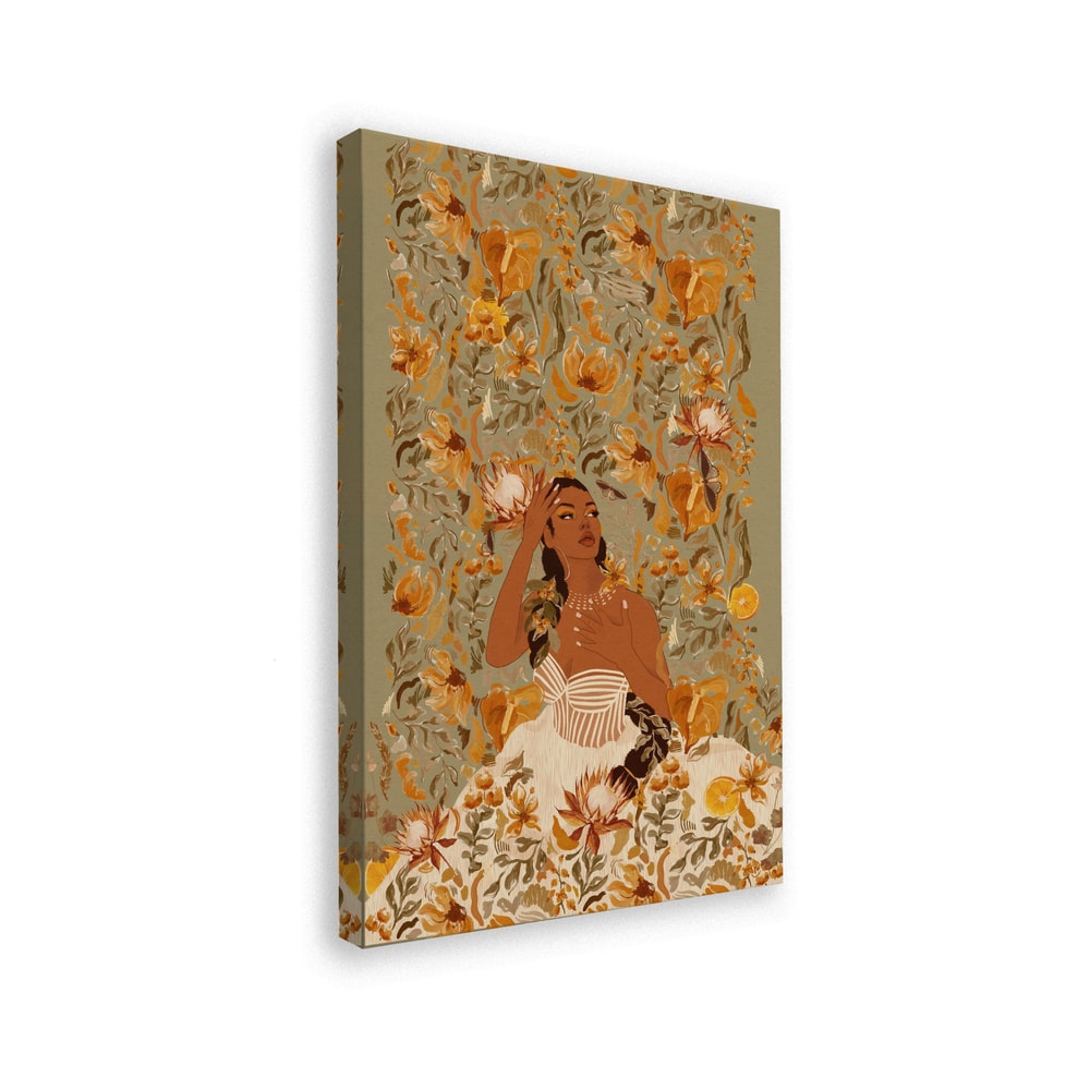 Illustration einer Frau mit geflochtenem Haar zwischen orangen Blüten auf grünem Hintergrund