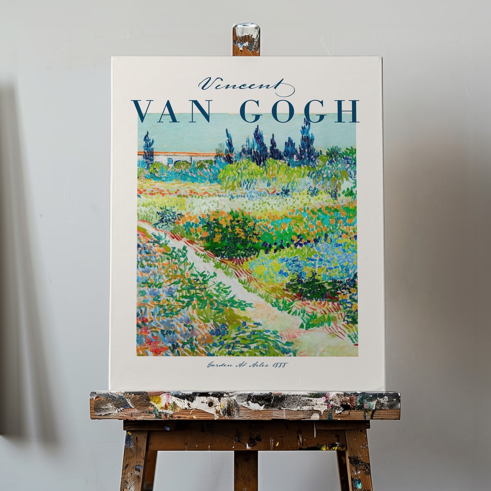 Ausstellungsplakat Vincent van Gogh mit dem Gemälde Garten in Arles, blauer Schriftzug oben