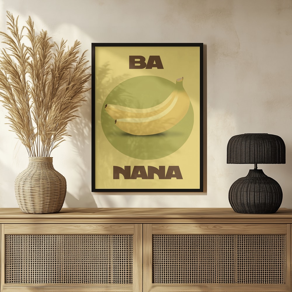 Zwei Bananen auf grünem Kreis mit Schriftzug Ba Nana auf gelbem Hintergrund