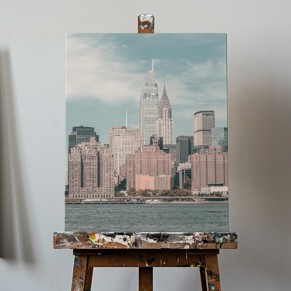 Fotografie der Skyline von Midtown Manhattan mit Chrysler Building vom Wasser aus