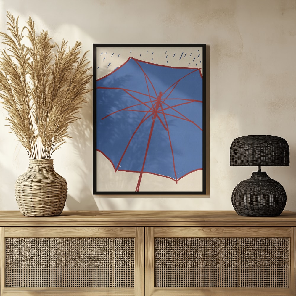 Illustration eines blauen Regenschirms mit roten Streben und Regentropfen auf hellem Hintergrund