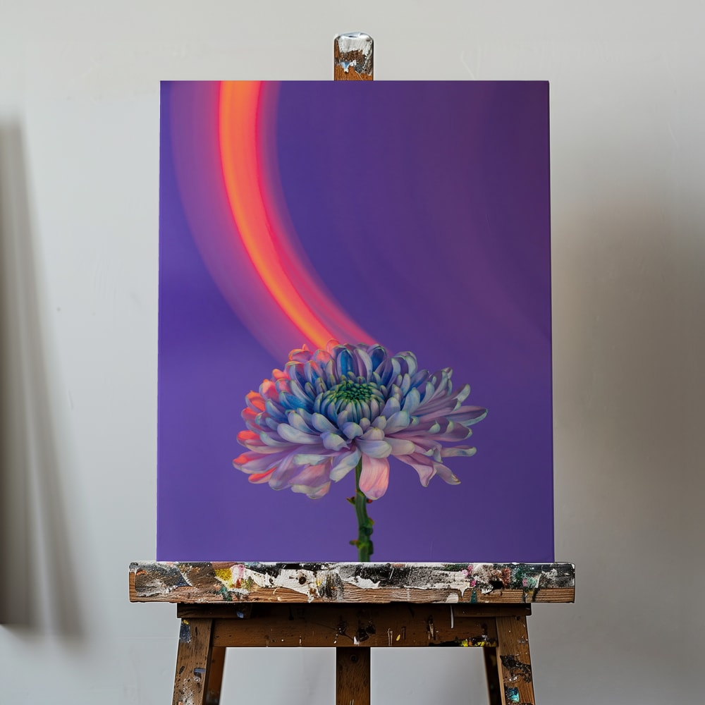 Fotografie einer blau-violetten Chrysantheme mit orangem Lichtbogen vor violettem Hintergrund