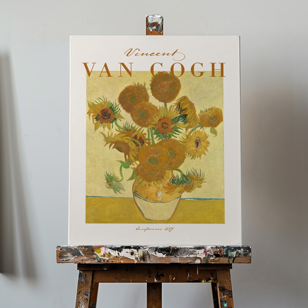 Ausstellungsplakat Vincent van Gogh mit dem Gemälde Sonnenblumen, ockerfarbener Schriftzug oben