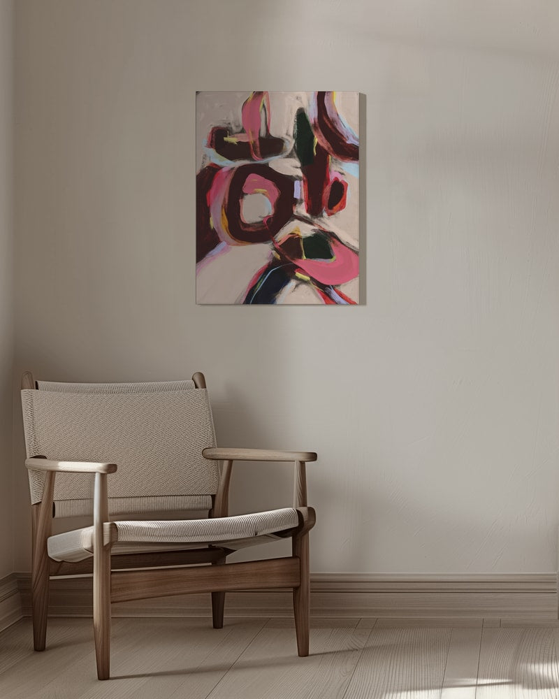 Abstrakte Malerei mit kräftigen Formen in Pink, Bordeaux und Schwarz