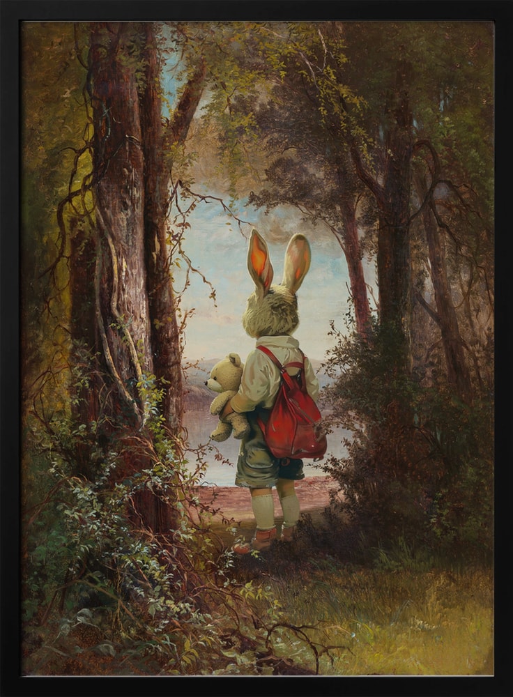 Figur mit Hasenkopf, rotem Rucksack und Teddybär in einem gemalten Wald