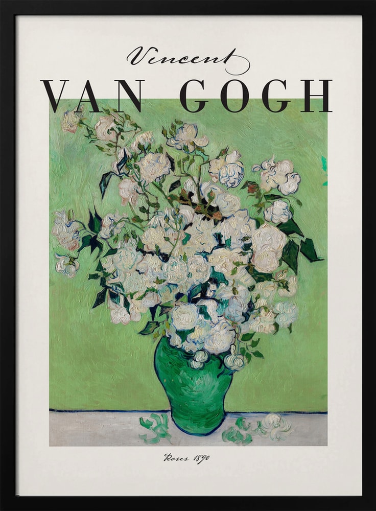 Ausstellungsplakat Vincent van Gogh mit weißen Rosen in grüner Vase, schwarzer Schriftzug
