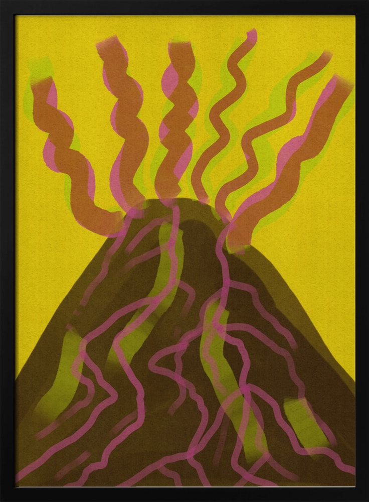 Illustration eines dunklen Vulkans mit geschwungenen Lavaströmen vor gelbem Himmel