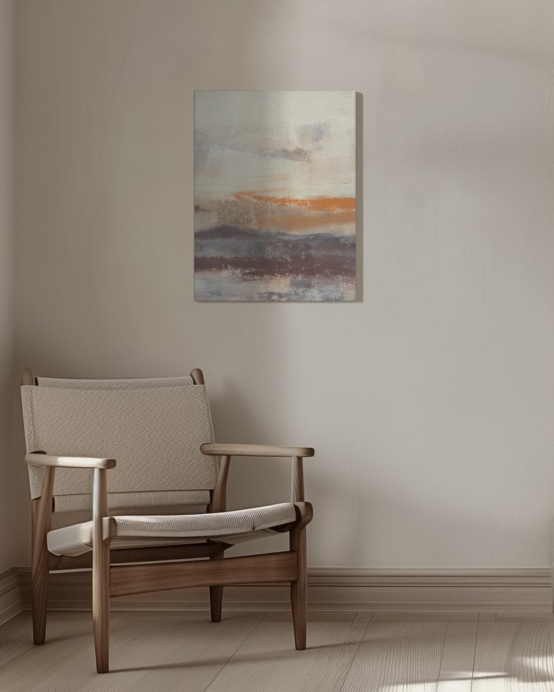 Abstrakte Malerei mit horizontalen Pinselstrichen in Creme, Taupe, Orange und Pflaume