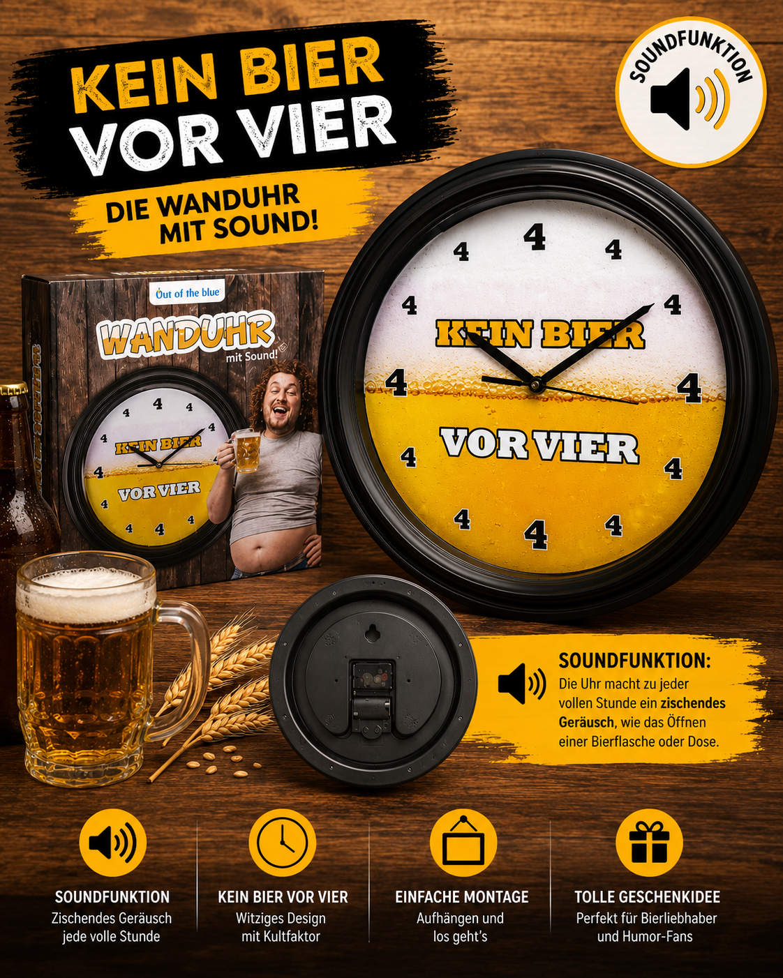 Horloge murale Pas de bière avant 16h avec son
