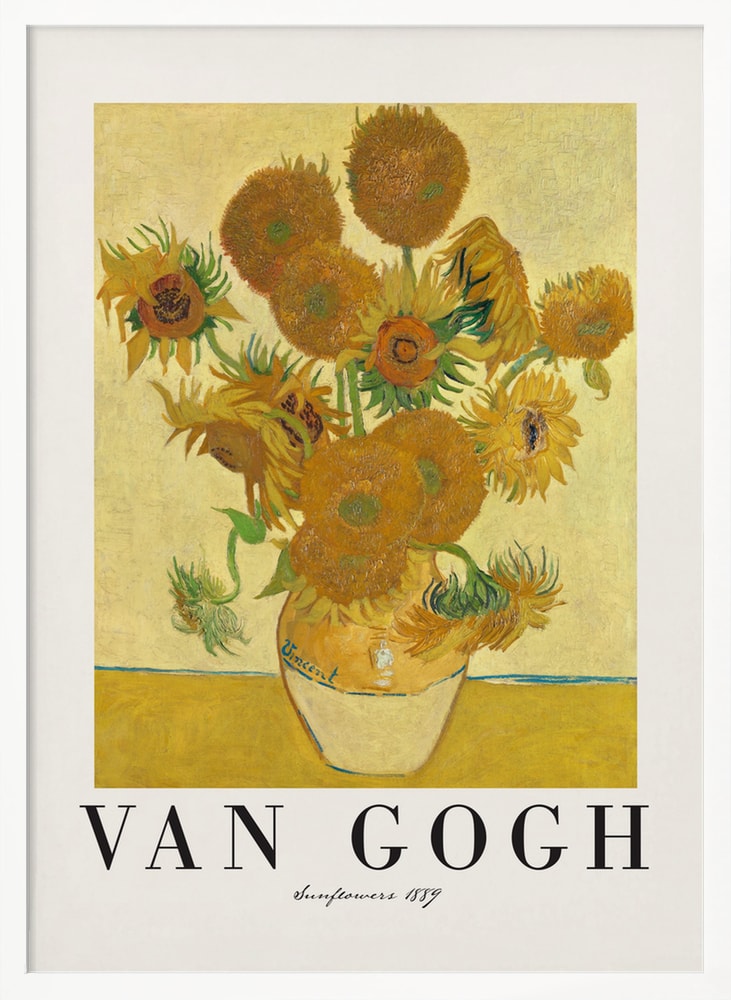 Ausstellungsplakat Vincent van Gogh mit dem Gemälde Sonnenblumen, Schriftzug unten
