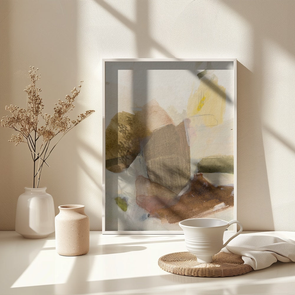 Abstrakte Aquarellflächen in Ocker, Taupe und Gelb auf hellem Hintergrund
