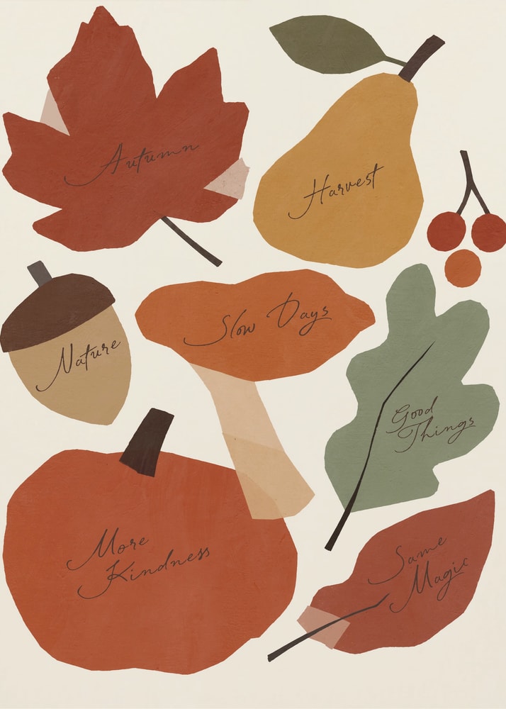 Herbstmotiv mit Ahornblatt, Birne, Eichel, Pilz und Kürbis und handgeschriebenen Worten