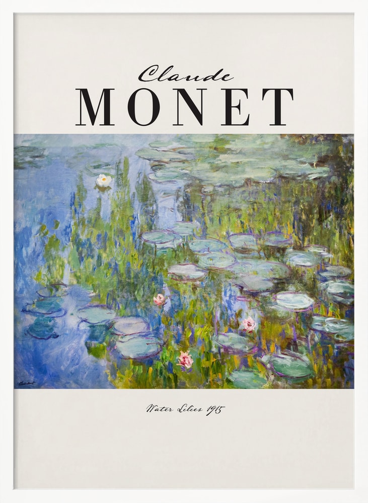 Ausstellungsplakat Claude Monet mit Seerosen auf blau-violettem Wasser, schwarzer Schriftzug