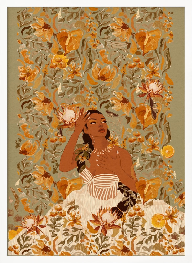 Illustration einer Frau mit geflochtenem Haar zwischen orangen Blüten auf grünem Hintergrund