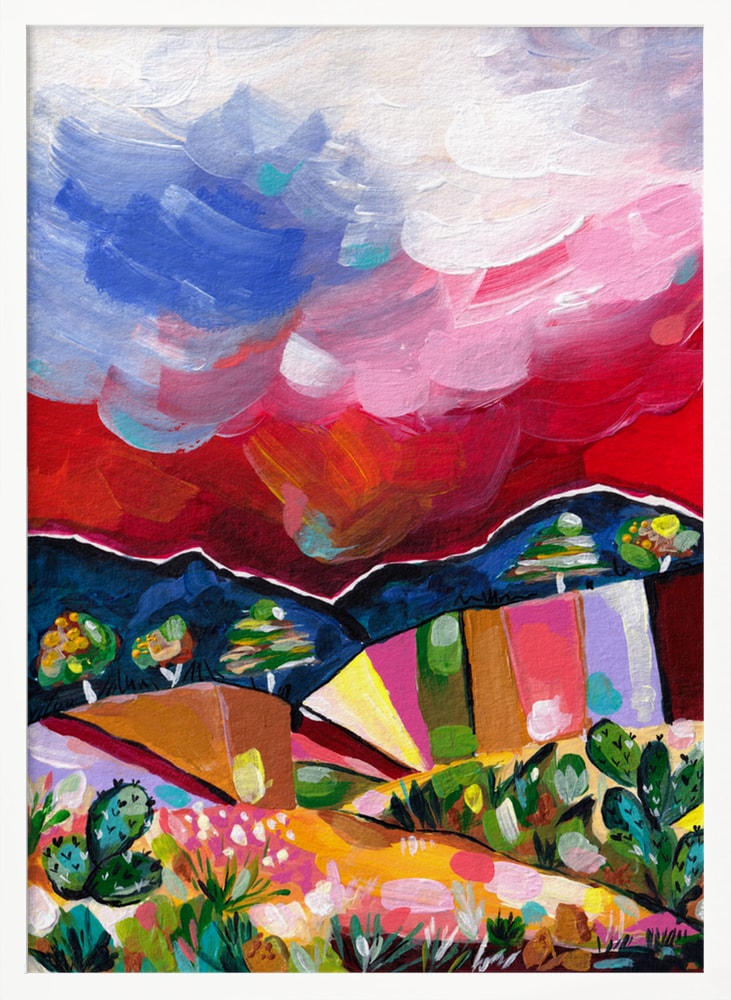 Expressives Gemälde einer bunten Wüstenlandschaft mit Kakteen und wolkigem Himmel