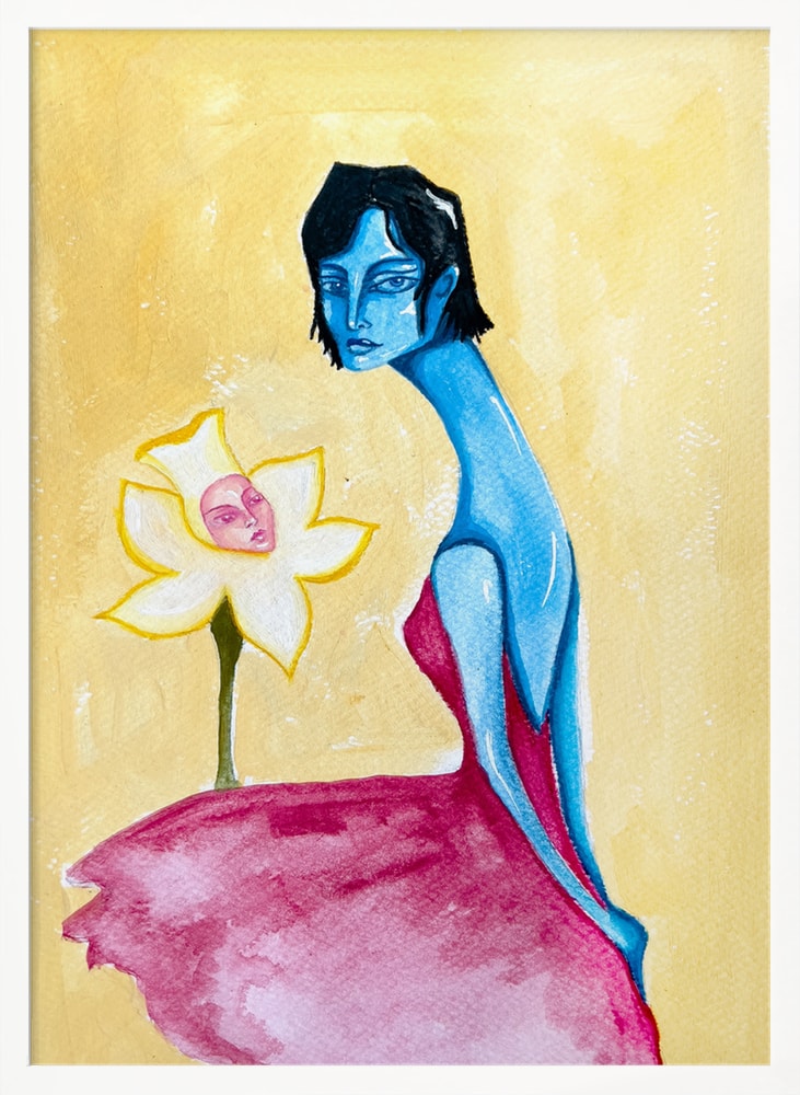 Surreales Gemälde einer blauen Frau im pinken Kleid neben einer Narzisse mit Gesicht