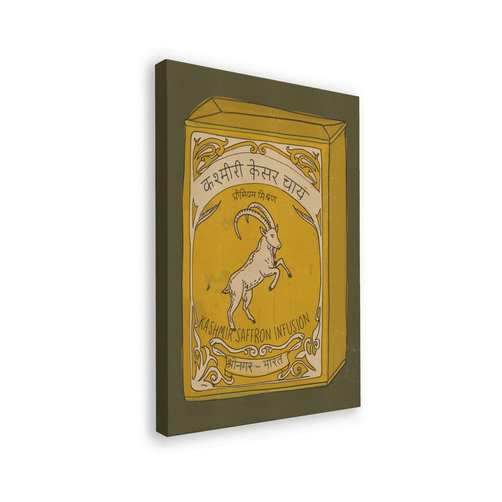 Illustration einer gelben Vintage-Teedose mit Steinbock und Schriftzug Kashmir Saffron Infusion