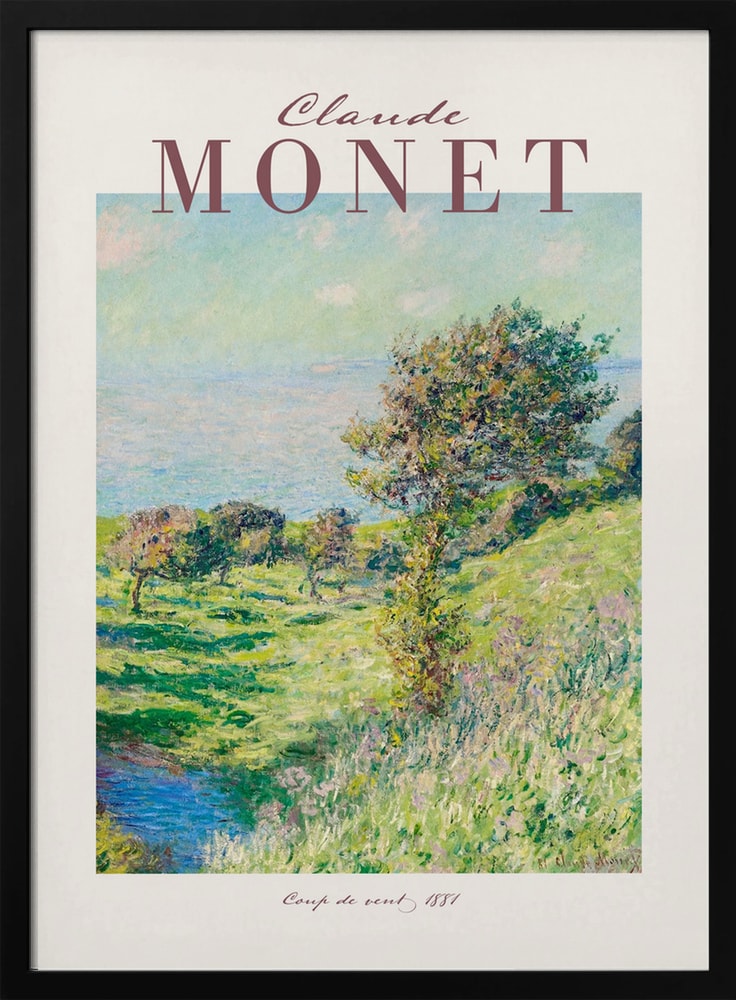 Ausstellungsplakat Claude Monet mit dem Gemälde Windstoß, Schriftzug in Mauve