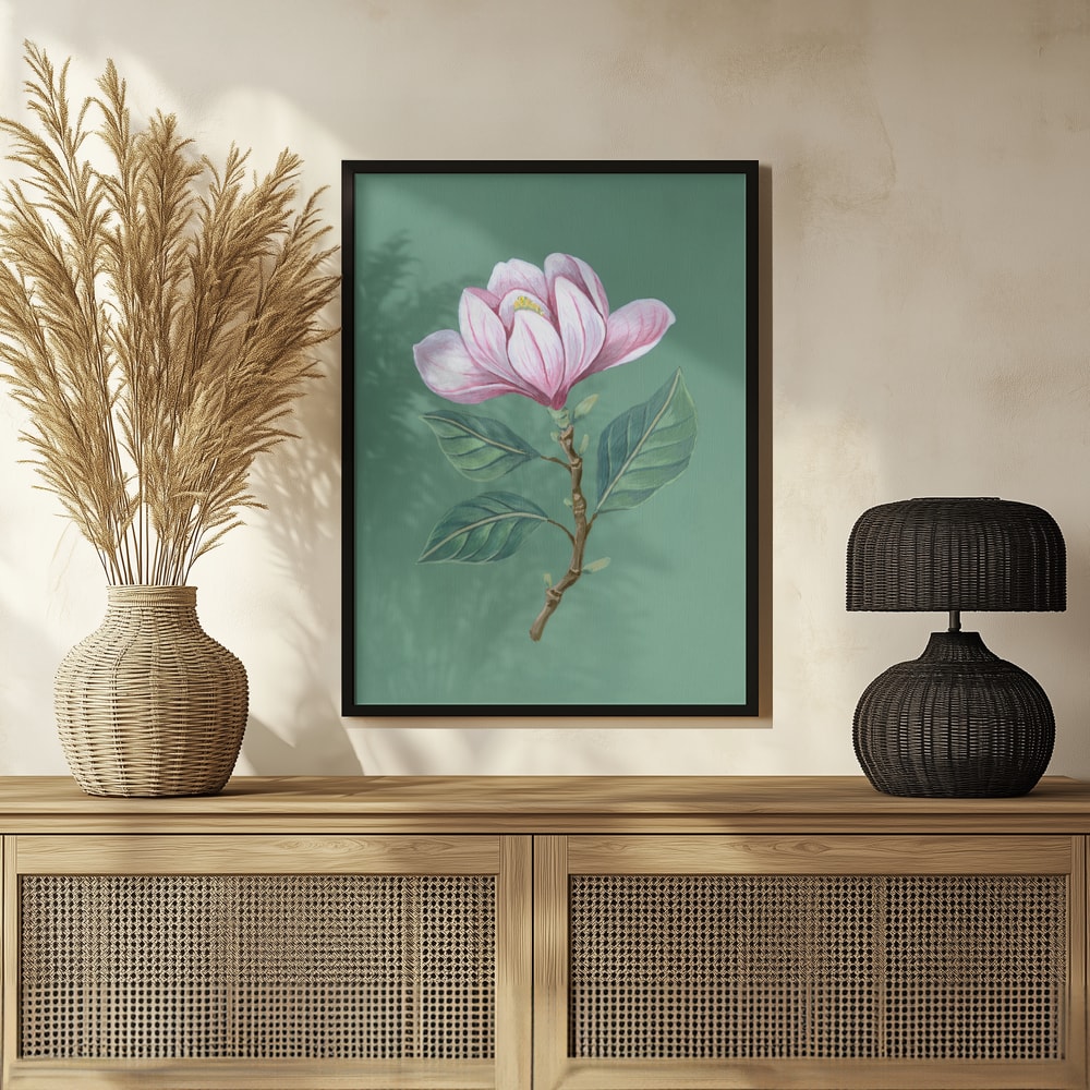 Illustration eines Magnolienzweigs mit rosa Blüte auf salbeigrünem Hintergrund