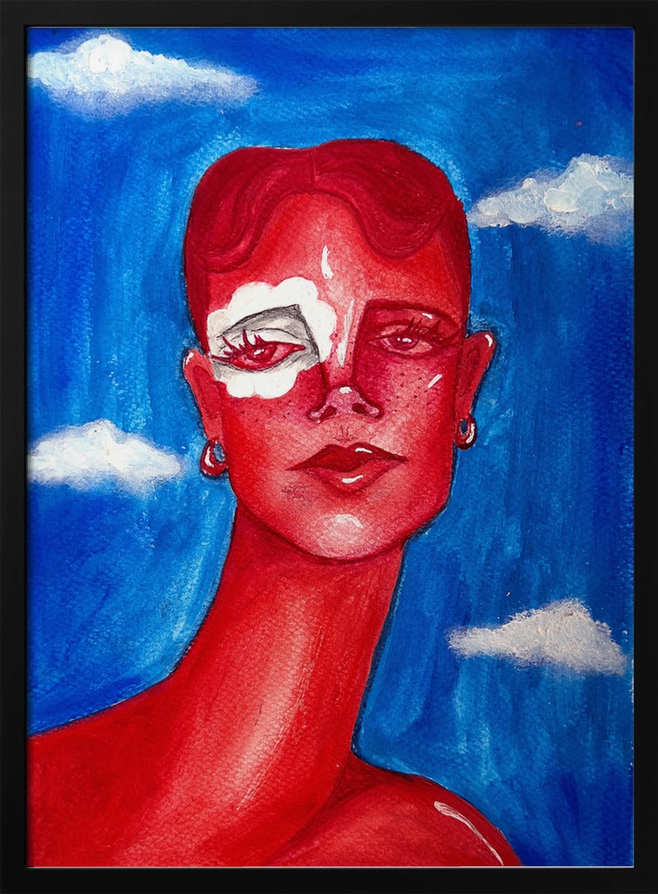 Surreales Porträt einer Frau in Rot vor blauem Himmel mit Wolken