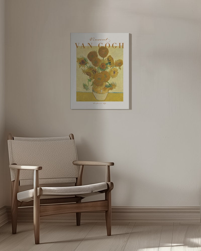 Ausstellungsplakat Vincent van Gogh mit dem Gemälde Sonnenblumen, ockerfarbener Schriftzug oben