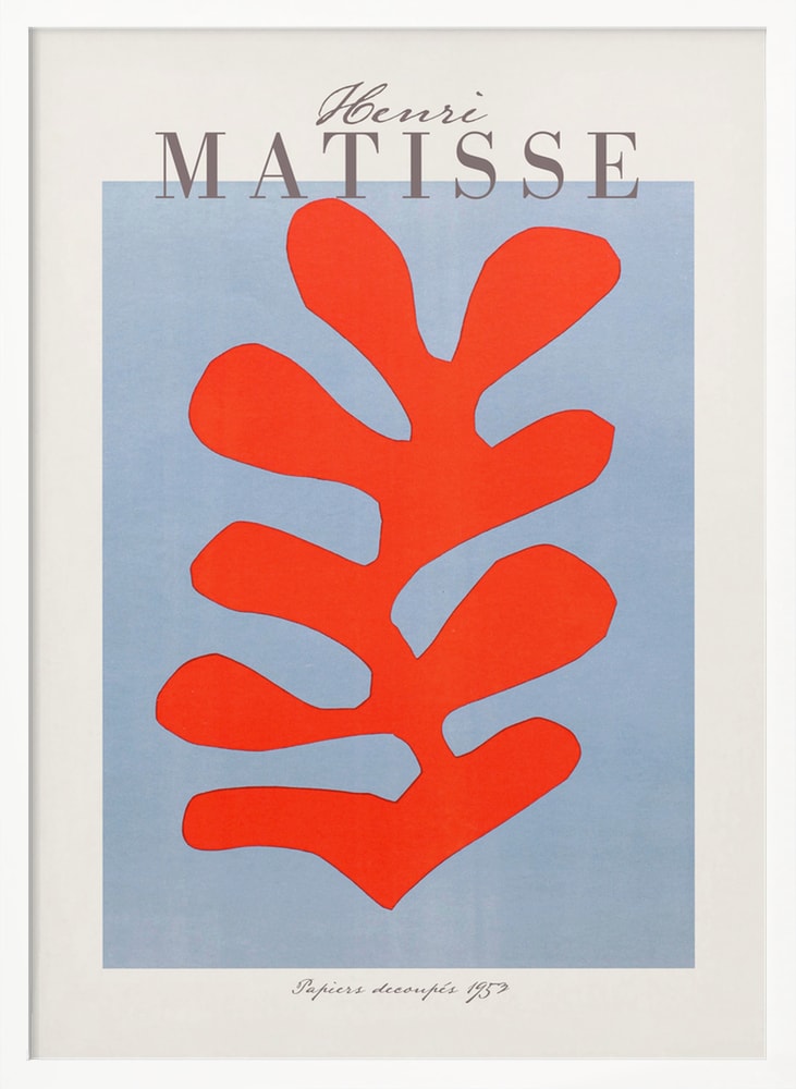 Ausstellungsplakat Henri Matisse mit korallenrotem Scherenschnitt-Blatt auf hellblauem Grund, grauer Schriftzug