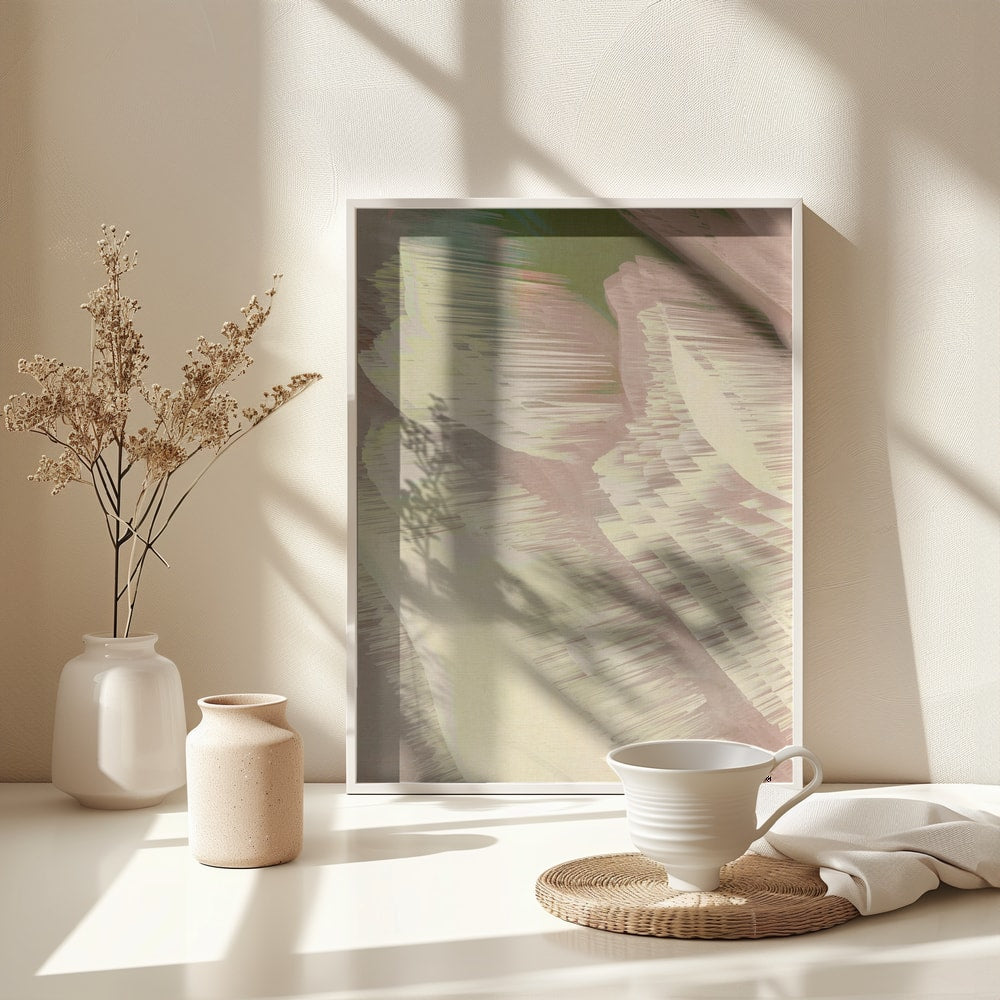 Abstrakte diagonale Wellen in Creme, Rosé und Grün