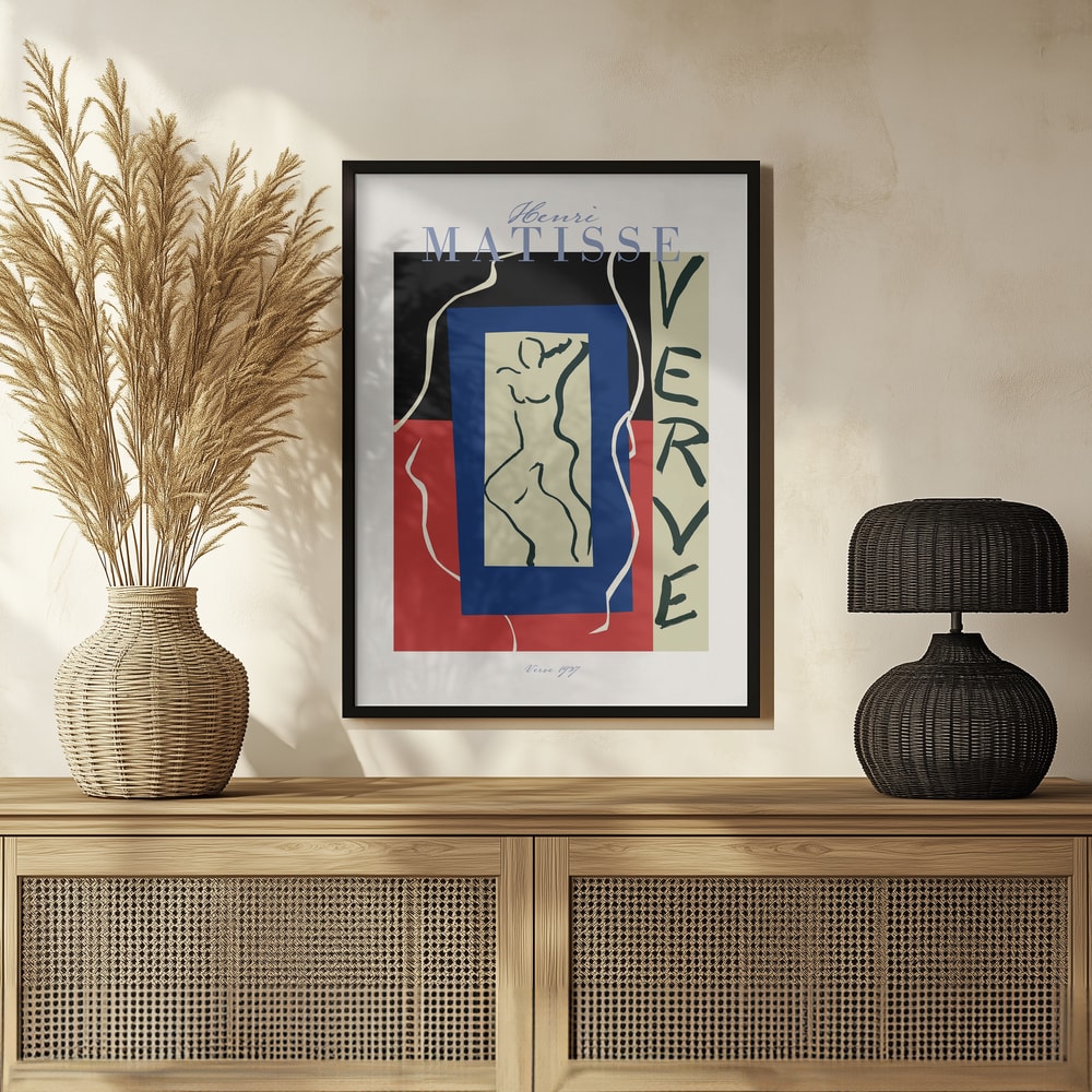 Ausstellungsplakat Henri Matisse mit tanzender Figur in blauem Rahmen und Schriftzug Verve