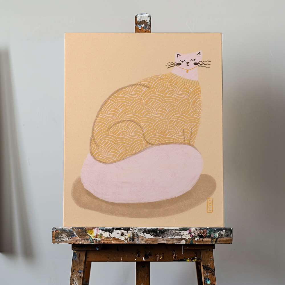 Illustration einer runden Katze im gelb gemusterten Pullover auf rosa Kissen