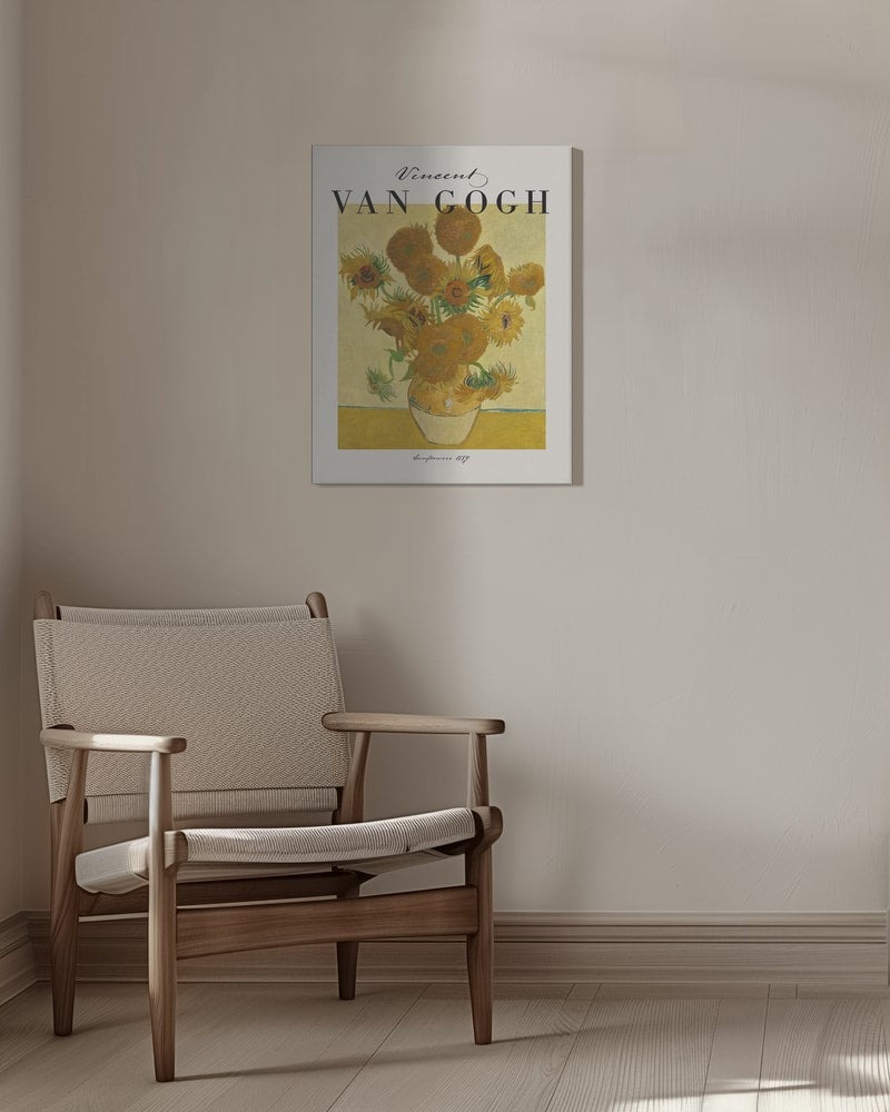 Ausstellungsplakat Vincent van Gogh mit dem Gemälde Sonnenblumen, schwarzer Schriftzug oben