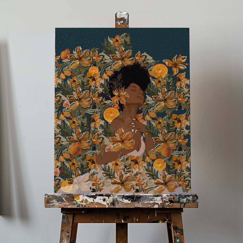 Illustration einer Frau mit geschlossenen Augen zwischen orangen Blüten und Orangen unter einem Sternenhimmel