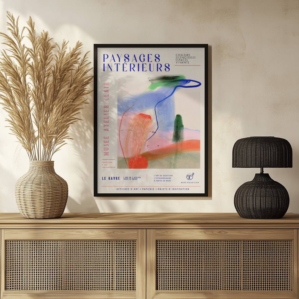 Ausstellungsplakat mit Schriftzug Paysages Intérieurs und bunten Pinselspuren