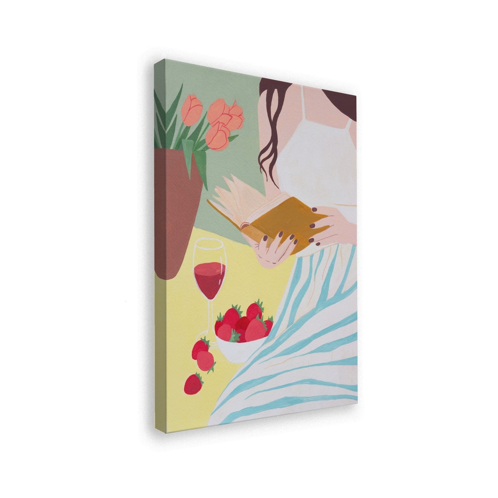 Illustration einer lesenden Frau mit Rotwein, Erdbeeren und Tulpen in Pastellfarben